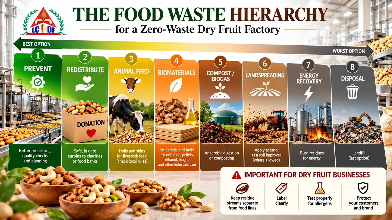 The food waste hierarchy for a zero waste dry fruit factory